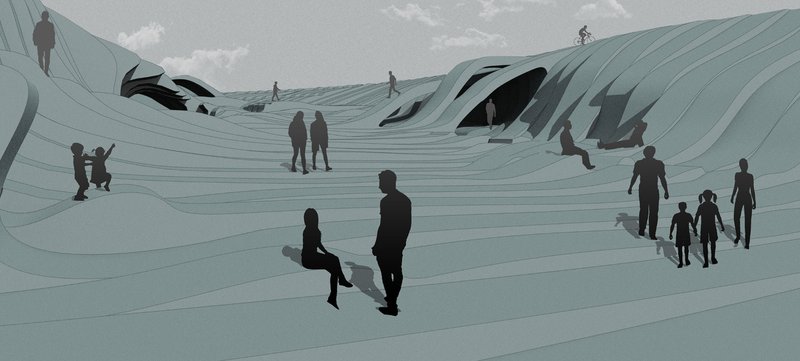 Wide view of the undulating roofscape with visitors walking and sitting on the rippled surface under clouds