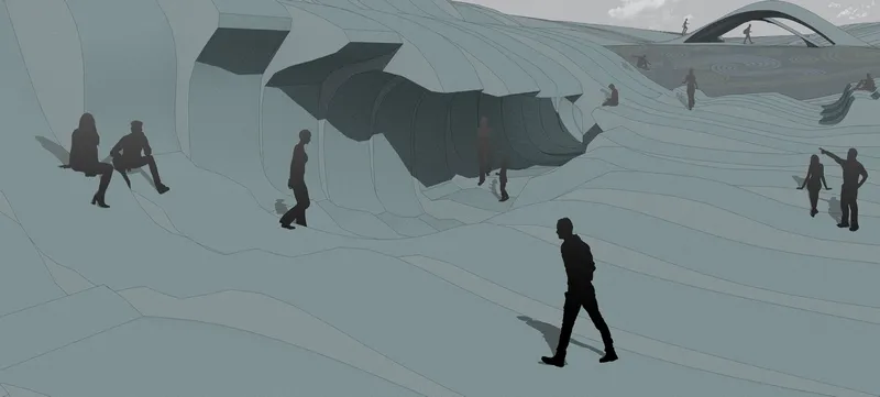 Figures traversing the flowing roof surface with skylight openings puncturing the pale blue membrane