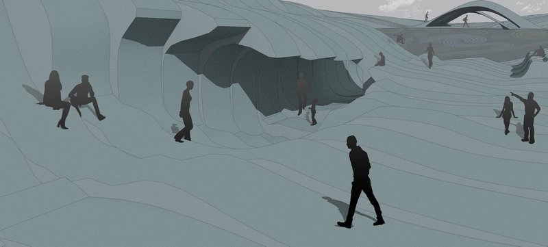 Figures traversing the flowing roof surface with skylight openings puncturing the pale blue membrane