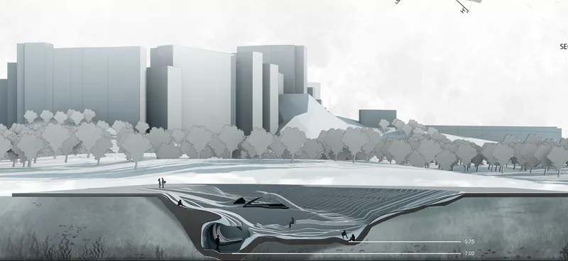Cutaway section showing the flowing interior cavern beneath the horizontal plaza surface