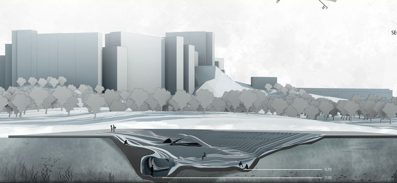 Cutaway section showing the flowing interior cavern beneath the horizontal plaza surface