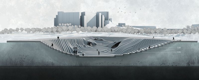 Section drawing showing the undulating subterranean amphitheater carved below grade with dimension annotations
