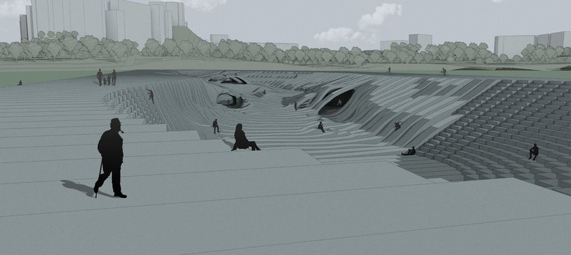 Ground-level perspective of the rippling stepped landscape with visitors scattered across the plaza