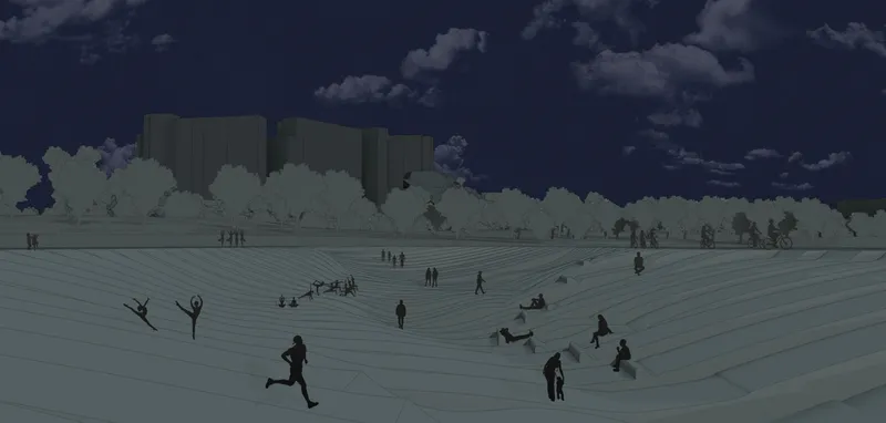 Rendering of a sloping plaza with scattered figures beneath a dark stormy sky