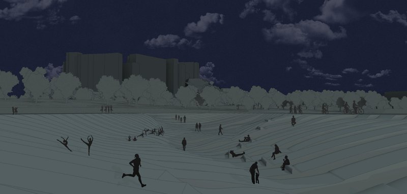 Rendering of a sloping plaza with scattered figures beneath a dark stormy sky