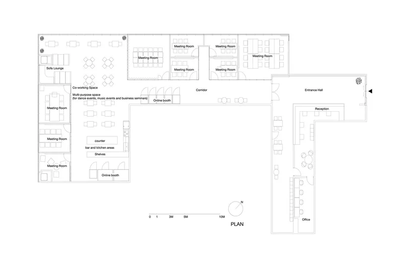 Floor plan showing meeting rooms arranged along a corridor with entrance hall and reception area