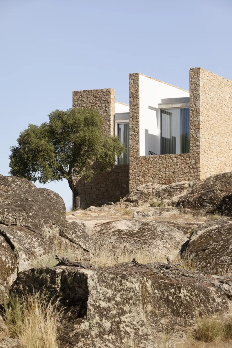 Stacked stone walls framing a white recessed volume with glazing behind an olive tree and boulders