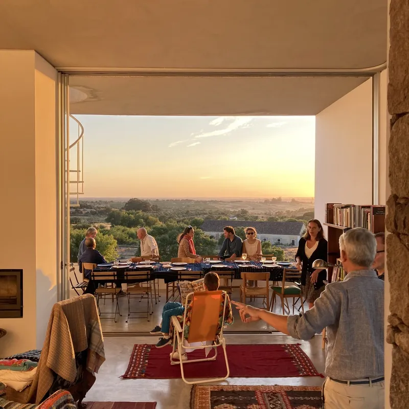 Living space opening to terrace where people gather for dinner at sunset