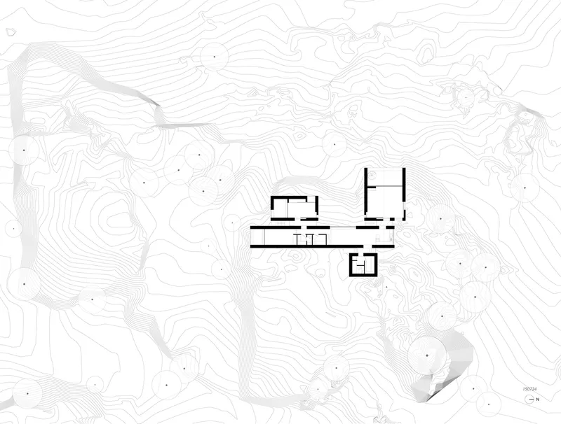 Site plan drawing showing clustered volumes on contoured topography with trees indicated