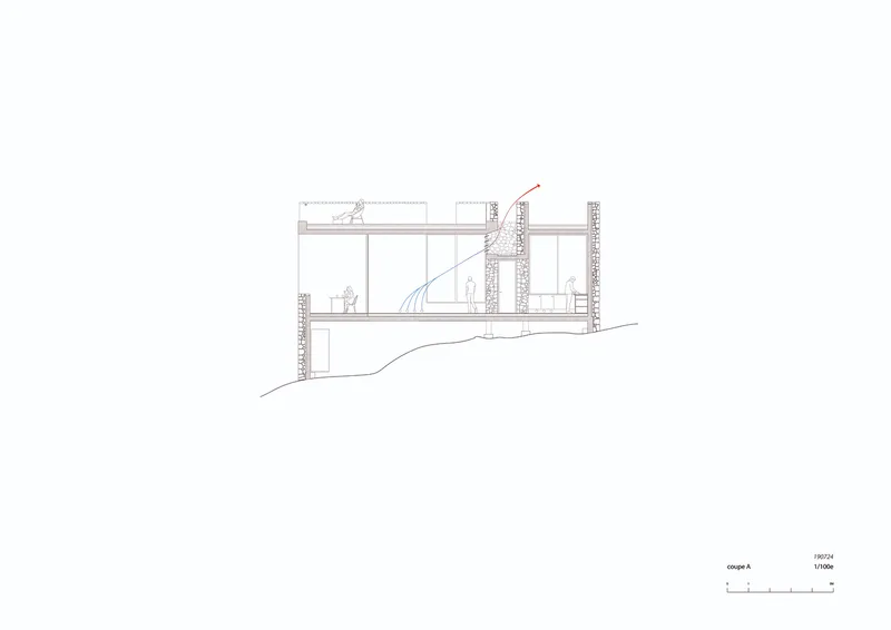 Section drawing depicting a two-story interior with curved staircase and textured stone walls on a slope