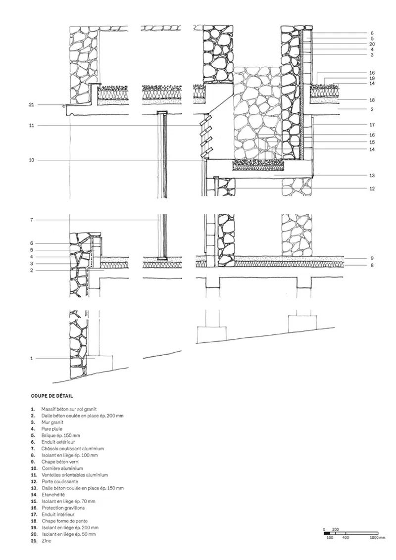 Detail section drawings showing stone wall assembly, timber framing, insulation layers, and foundation connections with numbered annotations