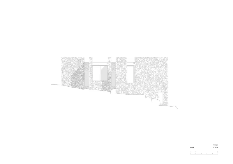 Elevation drawing revealing stone walls with window openings set into the undulating landscape contour