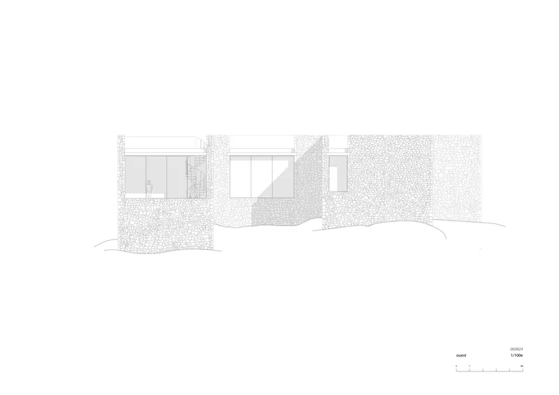 Elevation drawing displaying glazed openings framed by stone masses along a sloping site