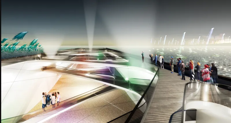 Rendered view of the curving waterfront promenade with visitors gathering under stormy skies and water spouts