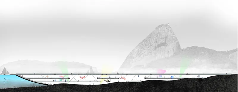 Section drawing showing the bridge structure over water with mountain backdrop in mist