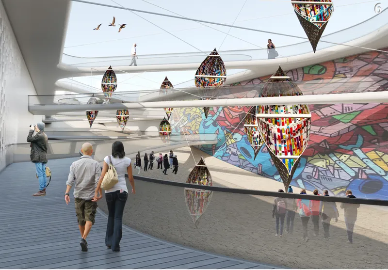 Interior gallery space with horizontal circulation levels, suspended mosaic lanterns, and colorful mural wall