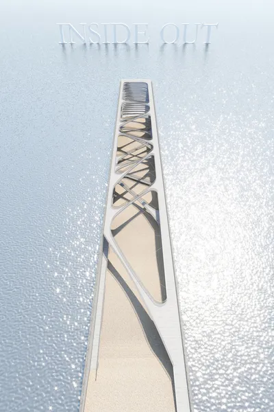 This architectural rendering showcases a modern pier design extending into a body of water. The pier