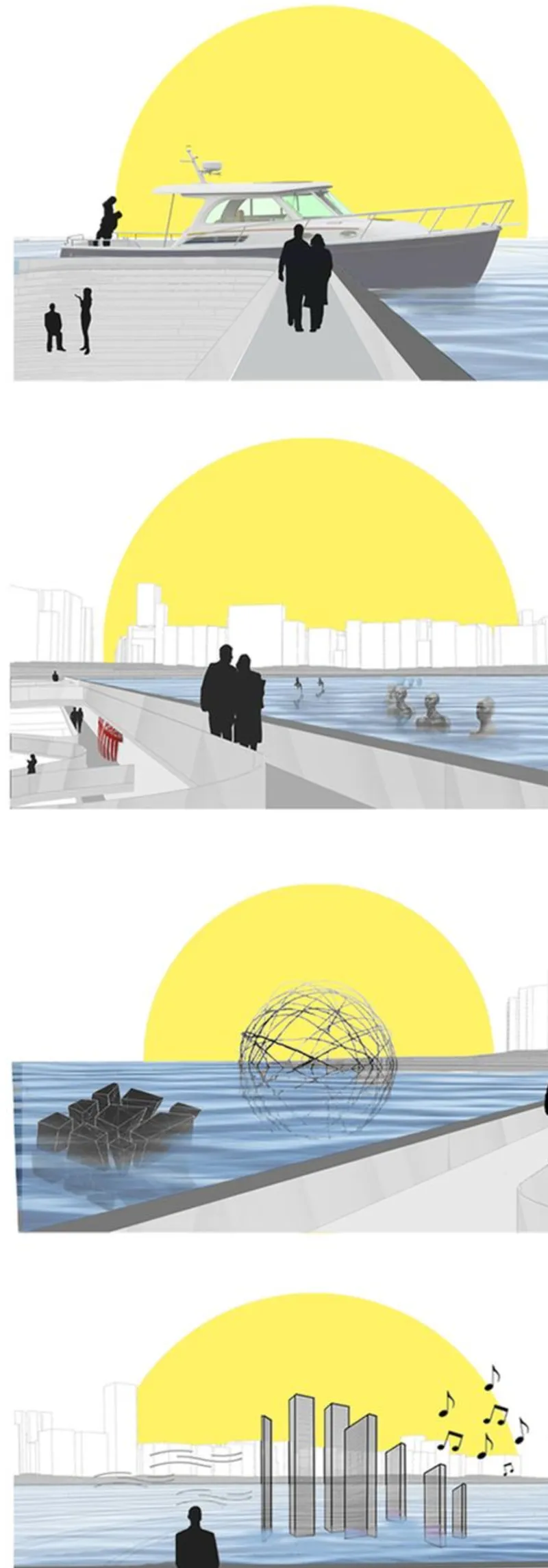 Sectional drawings showing four waterfront spaces with figures, boats, sculpture and yellow sun backdrop