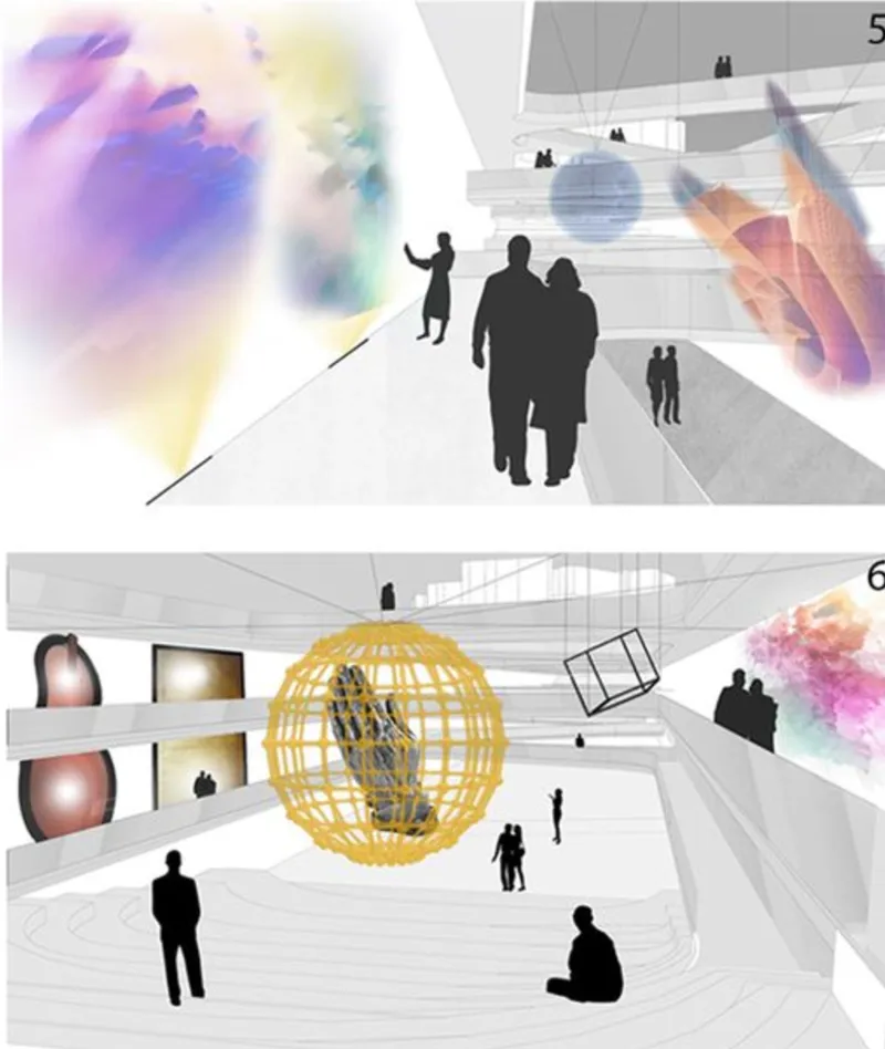 Interior perspective renderings of gallery spaces with suspended spheres, figures and colorful watercolor overlays