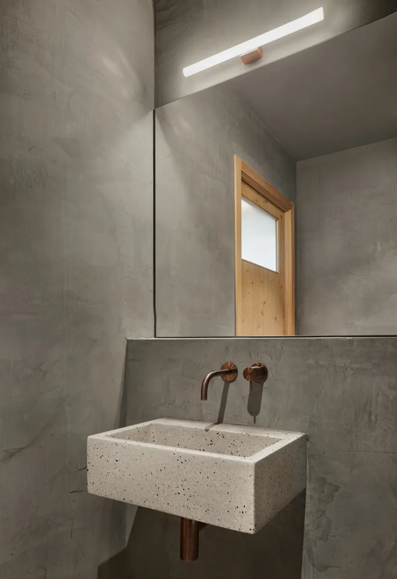 Powder room with cast concrete walls, terrazzo basin and copper fixtures under a skylight