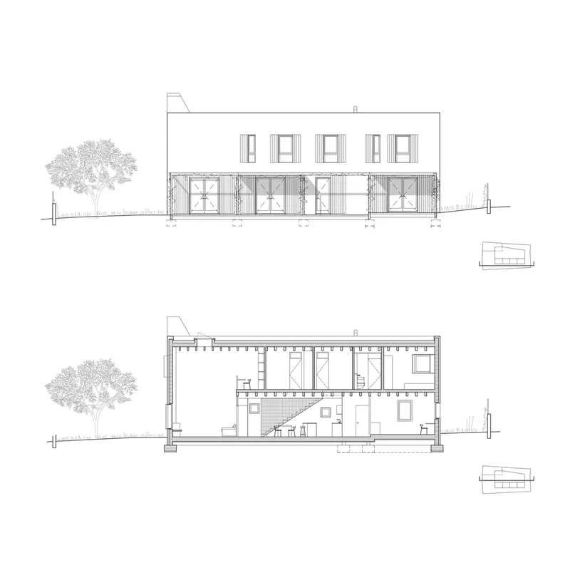 Front and section elevation drawings showing the two-story volume with pergola and interior spatial arrangement