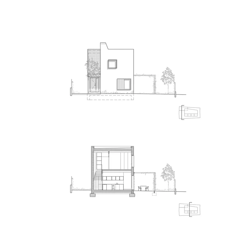 Side elevation and section drawings depicting the house with adjacent trees and garden spaces