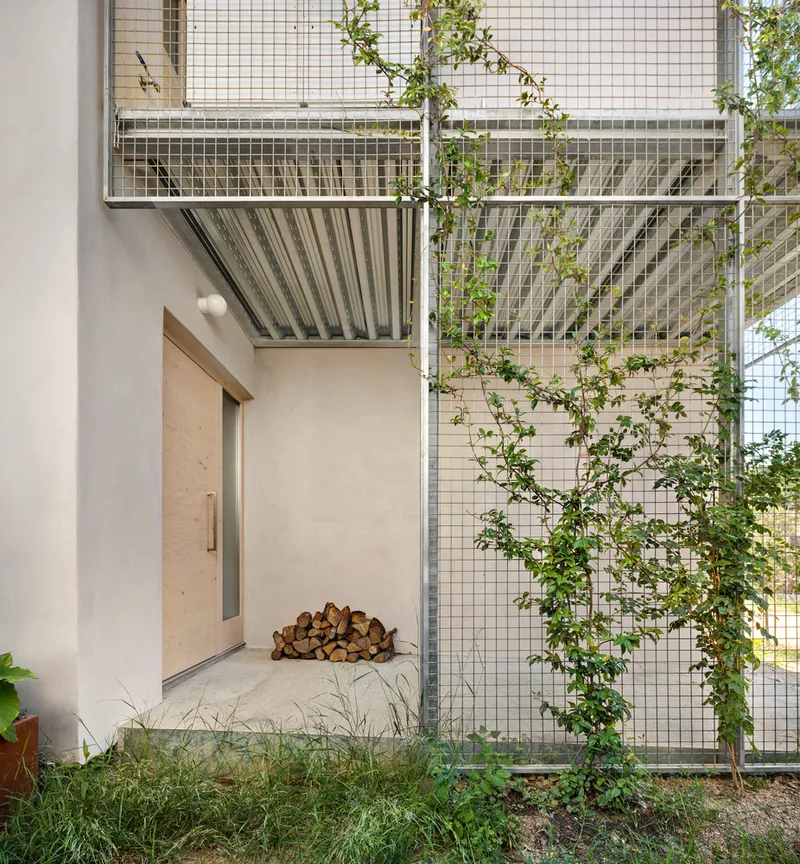 Metal mesh screen with climbing vines beside timber door and stacked firewood