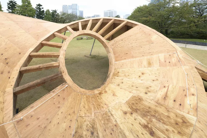 View through the circular opening framed by exposed plywood ribs and laminated timber structure