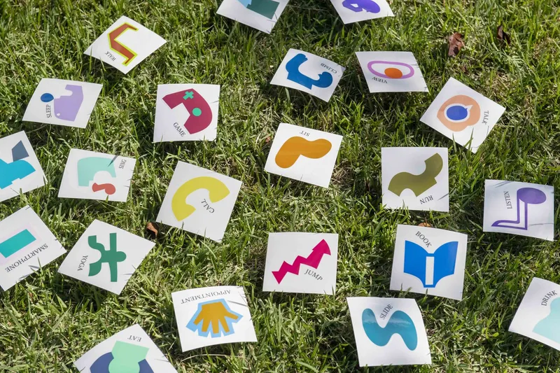 Collection of printed cards with abstract shapes laid out on green grass in daylight