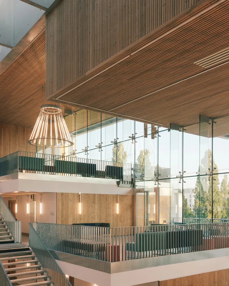 Double-height atrium with timber slatted ceiling, glass balustrades and pendant lights suspended above staircase