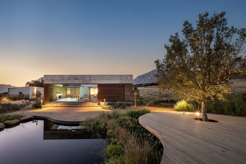 Curved timber deck wrapping around a reflecting pool with a tree at dusk