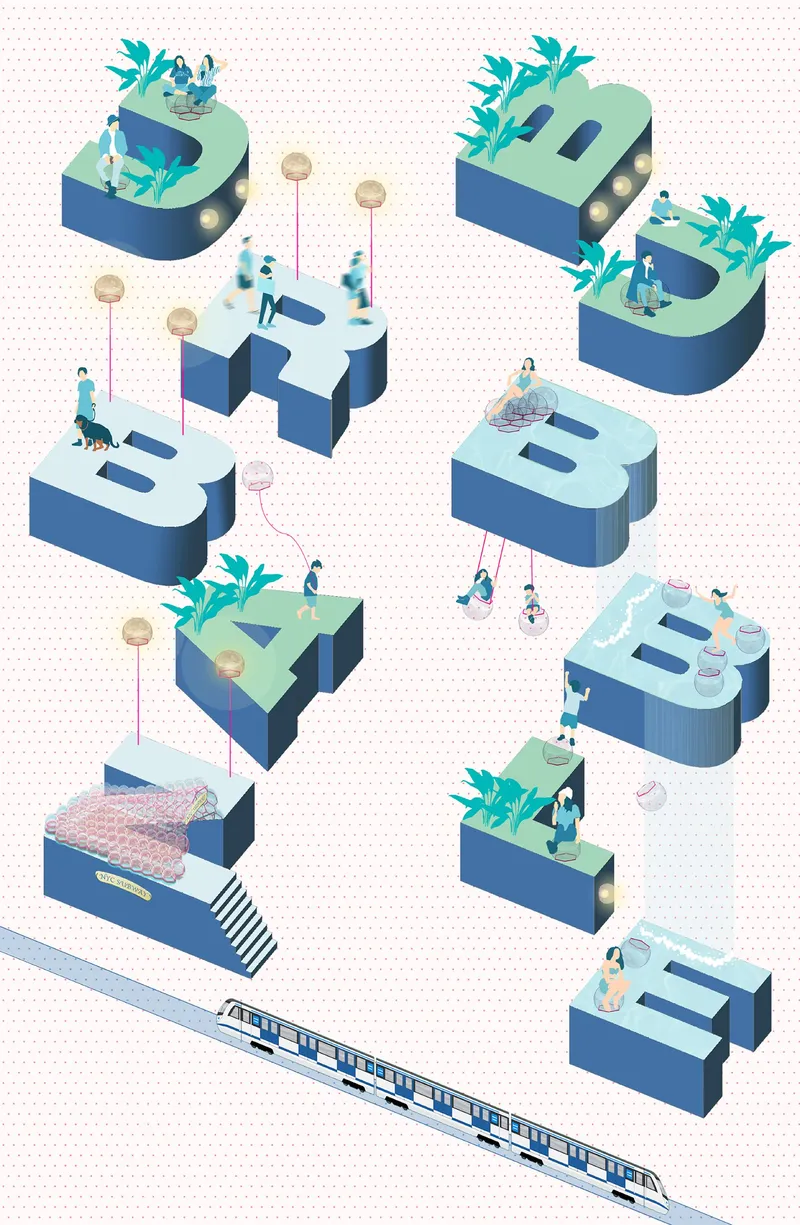 Isometric drawing of modular letter-form volumes with rooftop gardens and figures interacting around transit infrastructure
