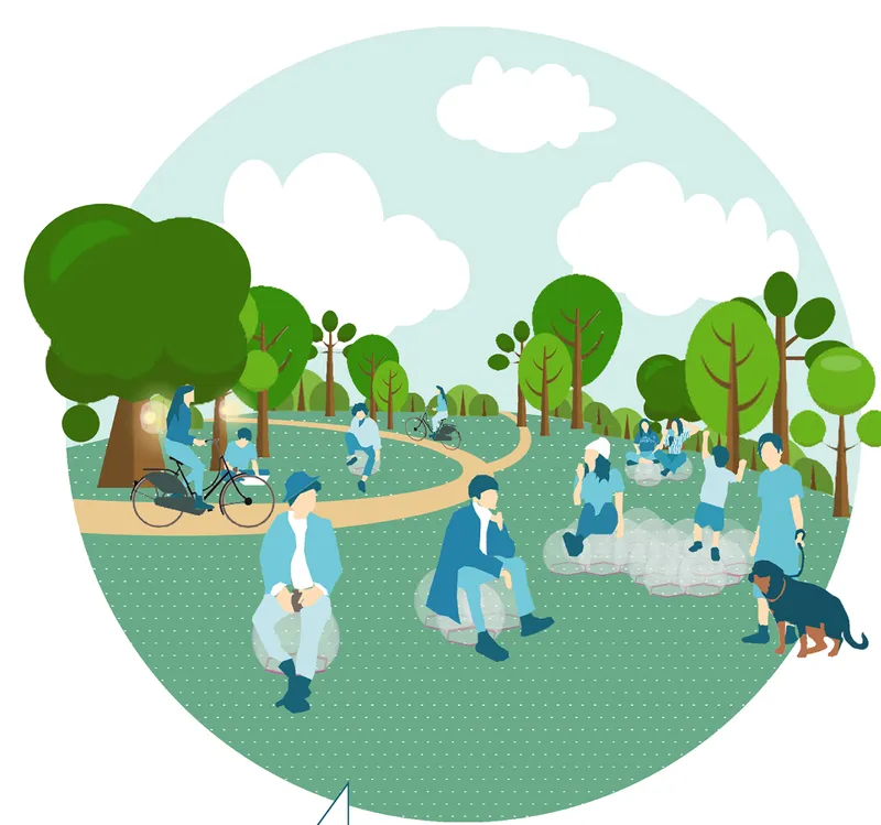 Site plan drawing showing curved pathways through a park with trees and people gathering on lawn