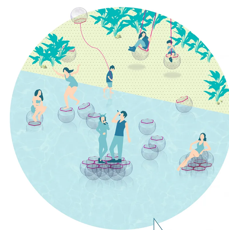 Diagram of water-based recreational elements with transparent spherical pods in shallow pool and hanging seats on shore