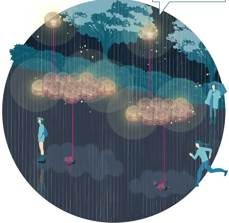 Conceptual section drawing showing suspended cloud-like light fixtures with figures standing beneath in rain