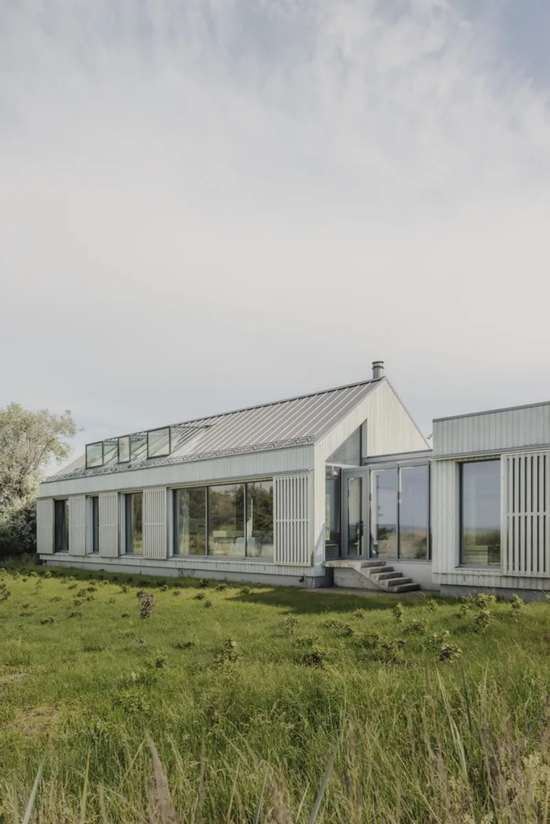 Garden-facing elevation with glass doors, timber cladding, metal roofing and skylights in overcast light