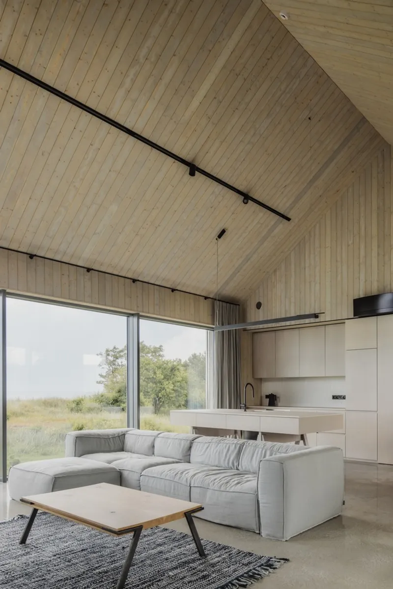 Open living space with vertical timber-clad ceiling and floor-to-ceiling glazing overlooking grassland
