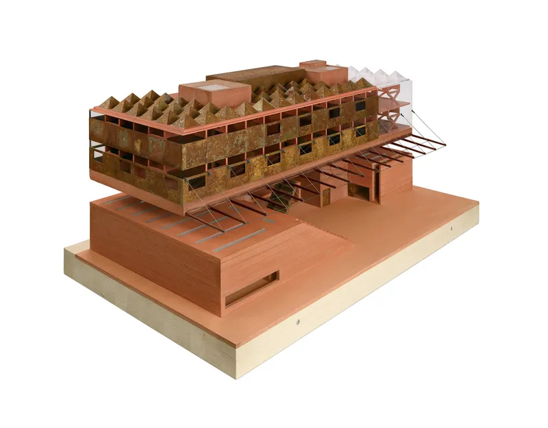 Exploded axonometric model showing layered structural frame with zigzag roof trusses and timber floor plates