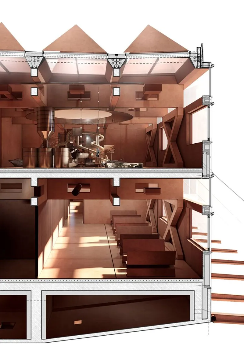 Section drawing revealing two interior levels with curved staircase, seating, and pyramidal rooflines above