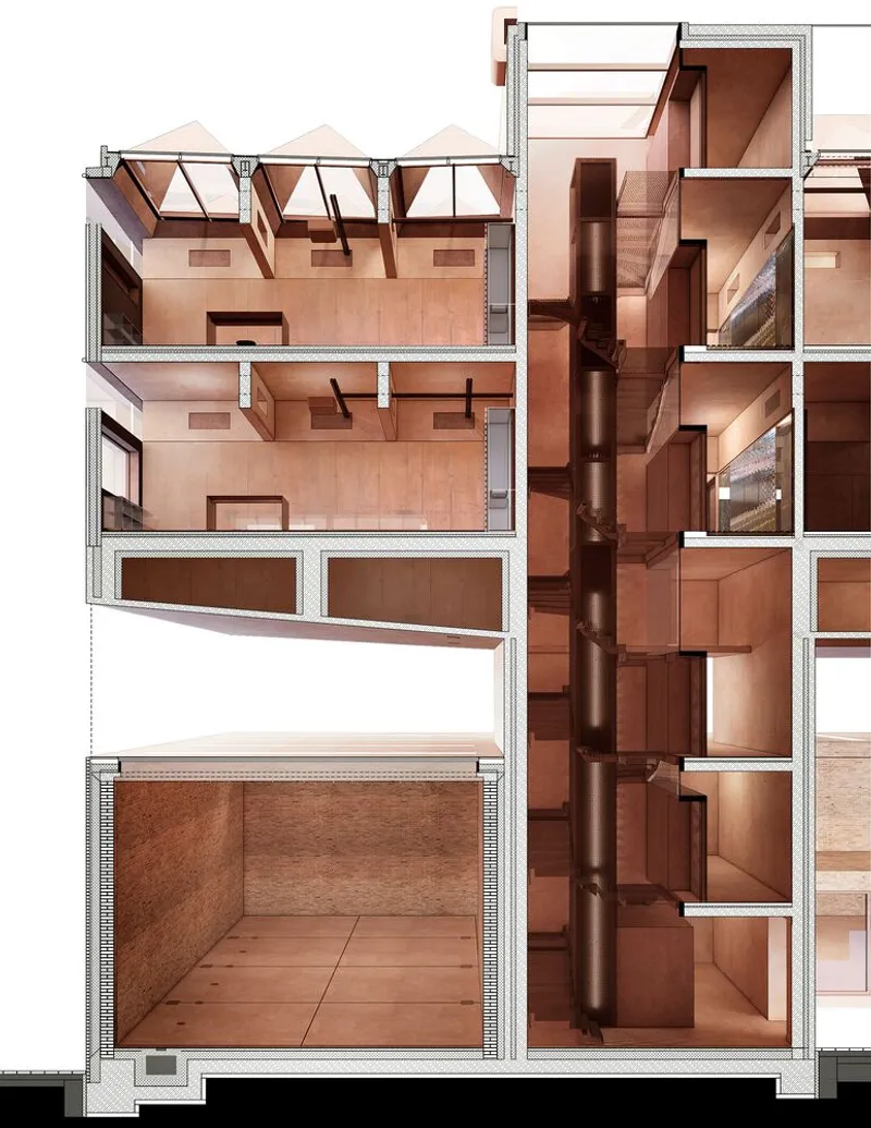 Section drawing showing multi-level interior with central spiral staircase connecting classrooms and corridors
