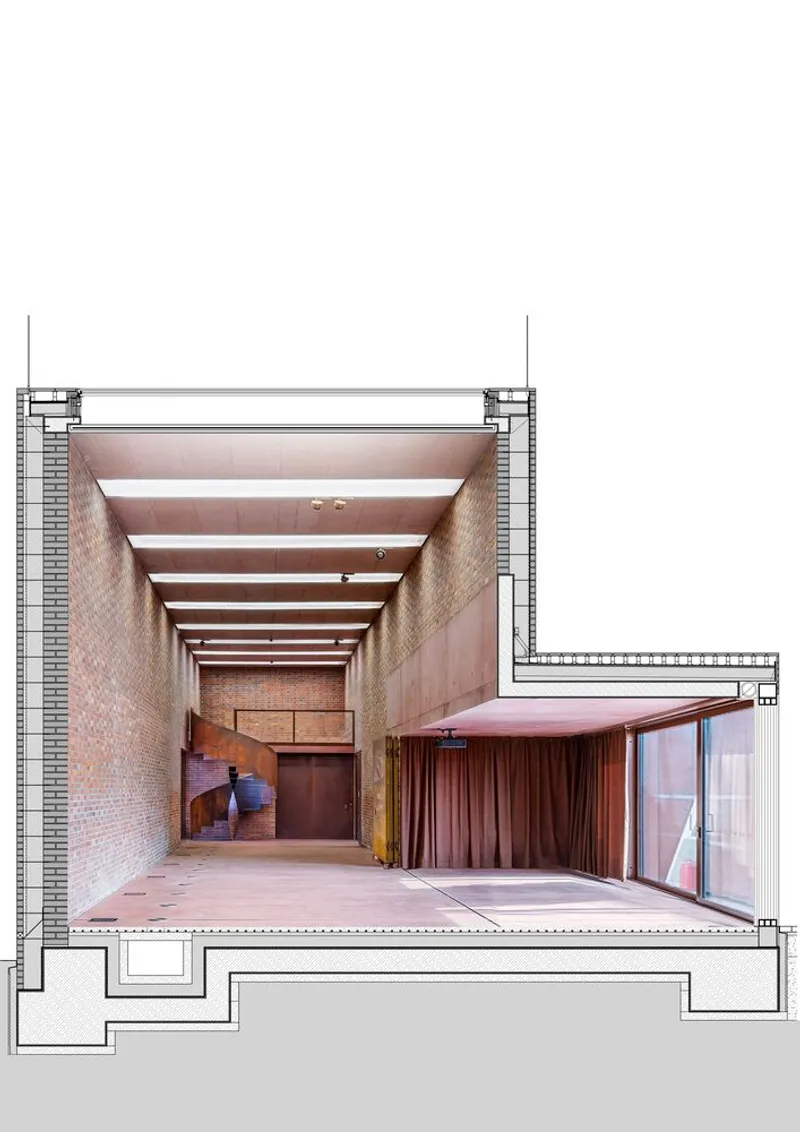 Section drawing showing brick-walled hall with exposed beams, curtain partition, and glazed facade facing courtyard