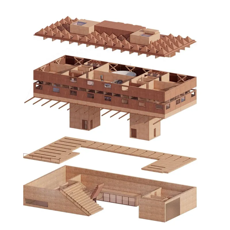 Exploded axonometric drawing showing the layered assembly of pyramidal roof structure and interior spaces