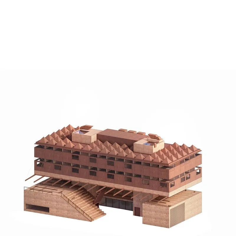 Axonometric view of the assembled model with pyramidal roof forms and exterior stair