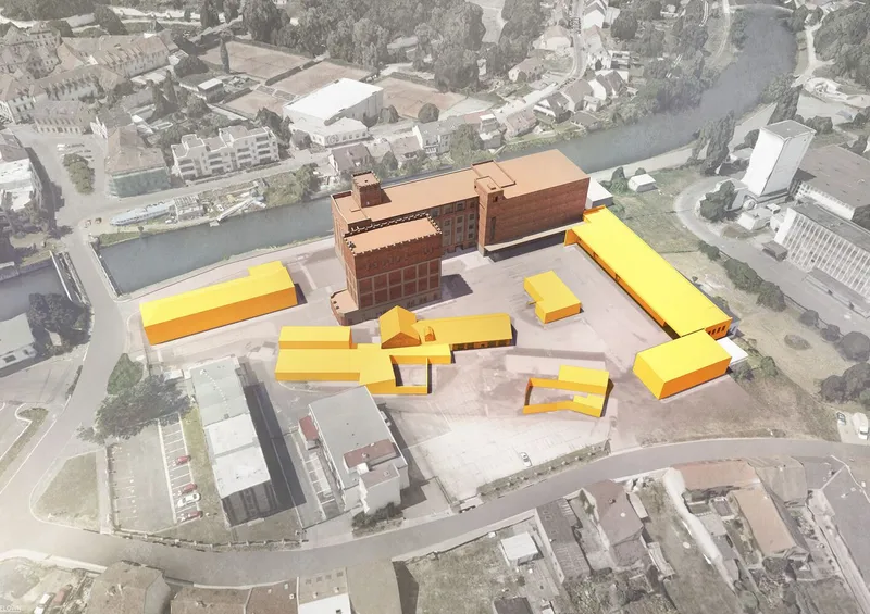 Aerial rendering showing yellow massing volumes arranged on the plaza beside the canal