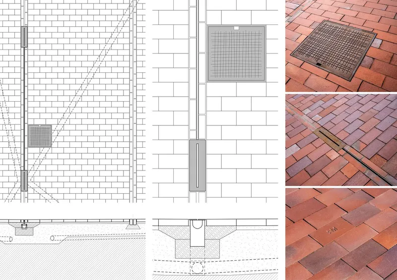 Detail drawings and photographs of brick paving patterns with integrated metal grate and drain