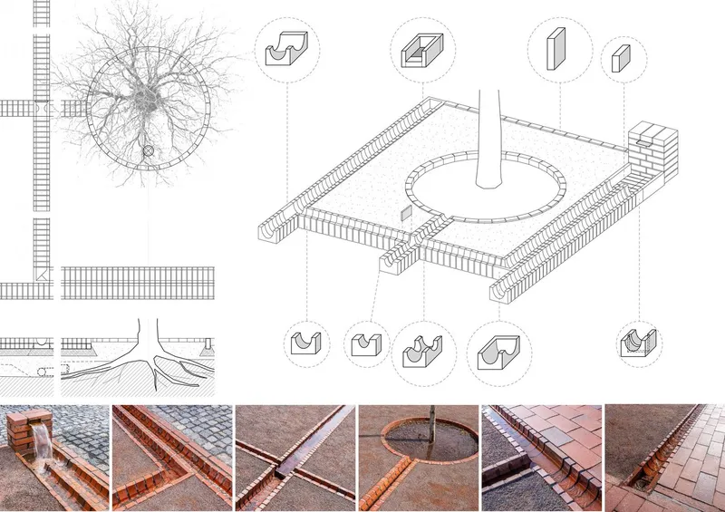 Axonometric drawing and construction details showing terra cotta tile paving system with circular elements and linear joints