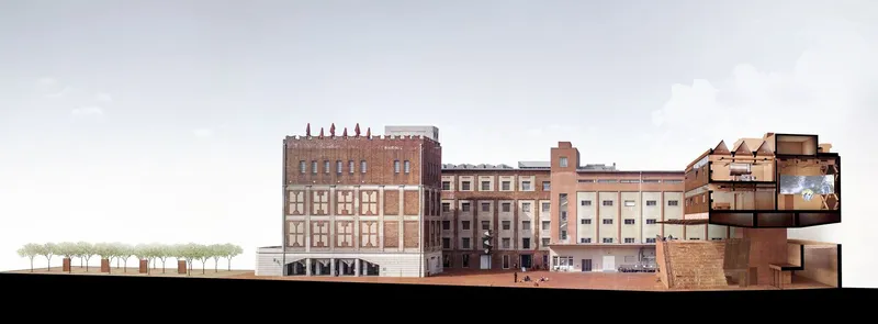 Section drawing showing existing brick buildings and proposed timber structure extension with planted trees at grade