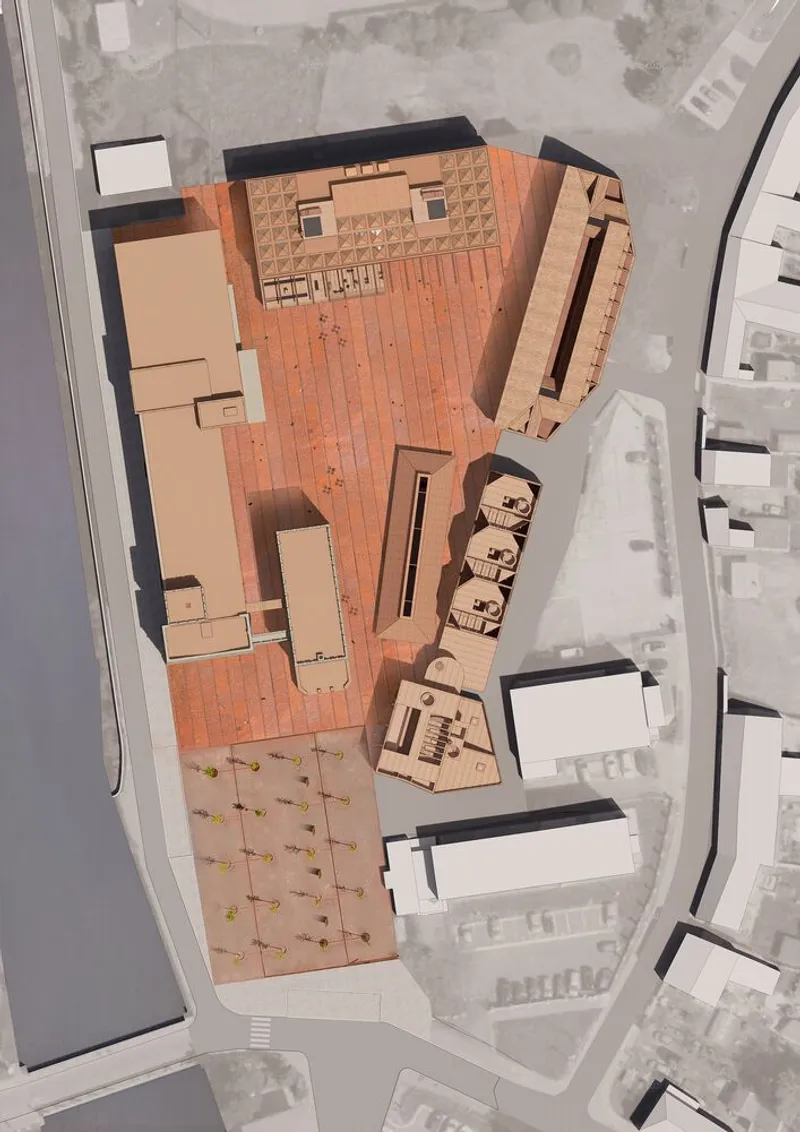 Site plan view showing terra cotta paved courtyard with canopy structures and adjacent buildings in grayscale