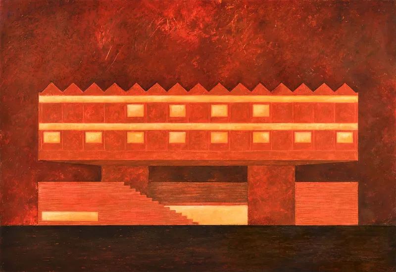 Elevation painting depicting illuminated sawtooth roof building with stepped base in red and orange hues