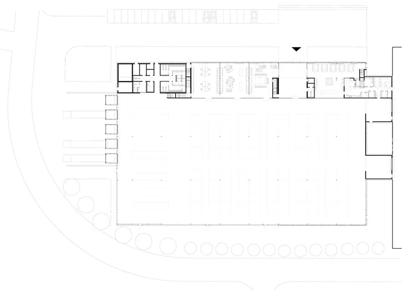 Floor plan drawing with curved landscape elements and a row of circular tree symbols along the site boundary
